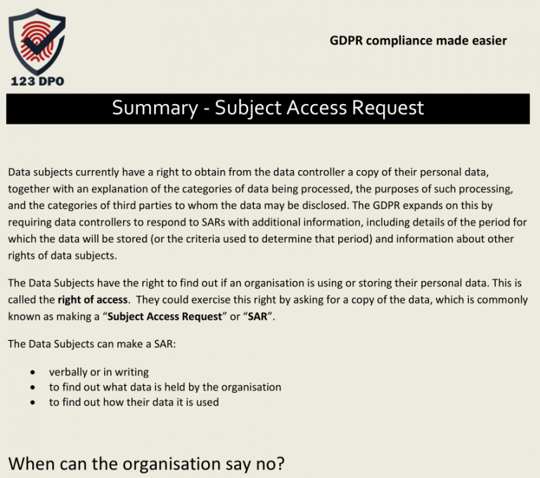 Summary Subject Access Request 123DPO GDPR Made Easier